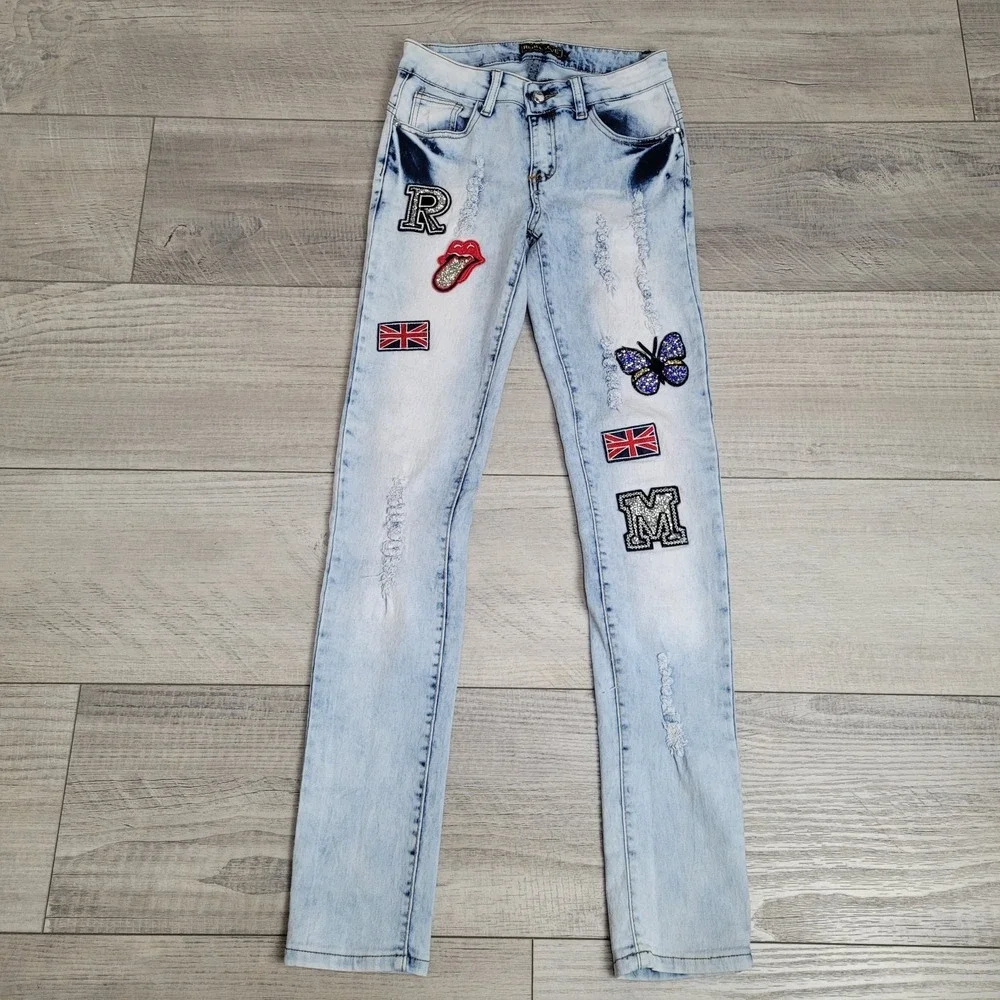 🔥Rebel Love Womens Skinny‎ Jeans 5/6 Distressed Blue Denim Y2K Retro Patches
